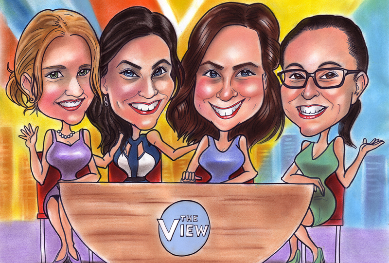 4 girl at the view caricature