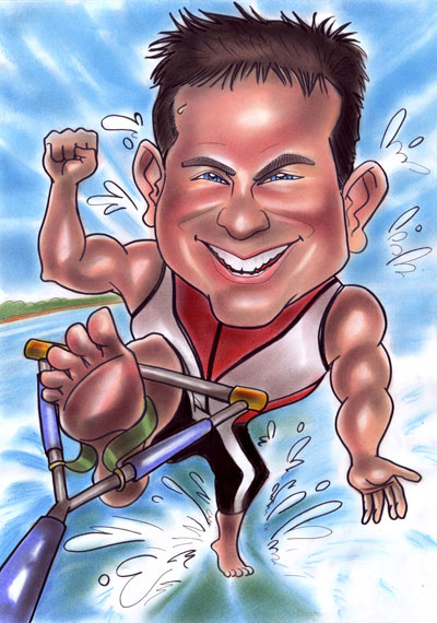 barefoot skiing caricature