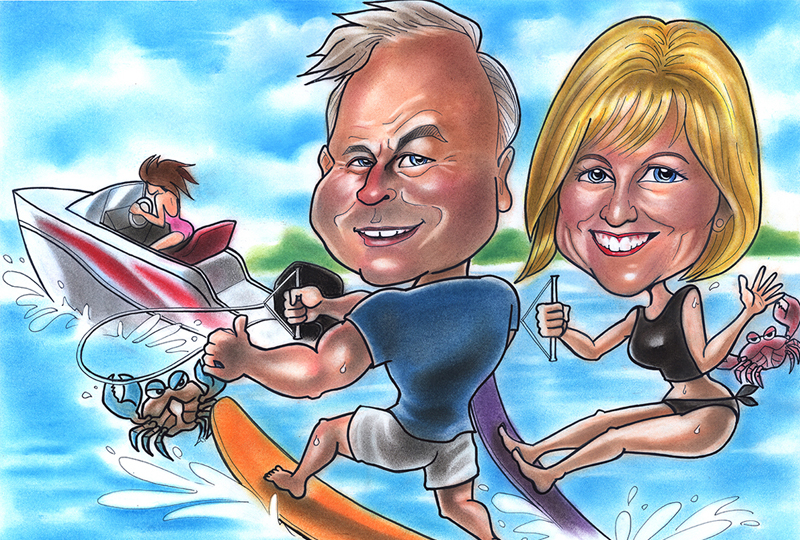 Couple Boat Skiing caricature