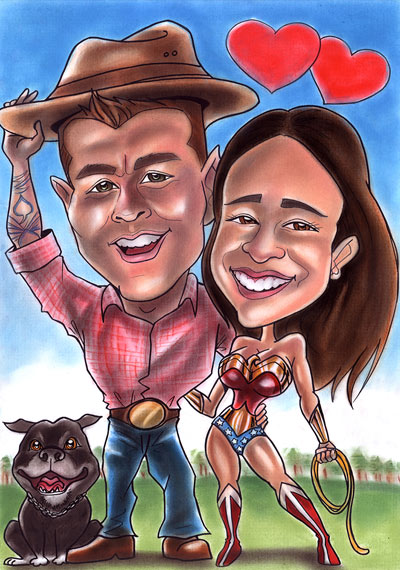 cowboy and woderwoman caricature