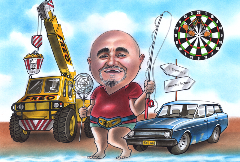 Fishing with Crane & Car caricature