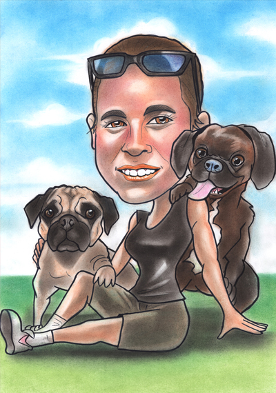 Girl and 2 pugs caricature
