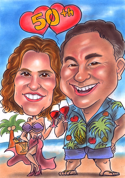 hawaiian couple caricature
