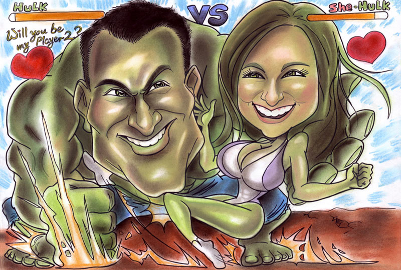 hulk and she-hulk caricature