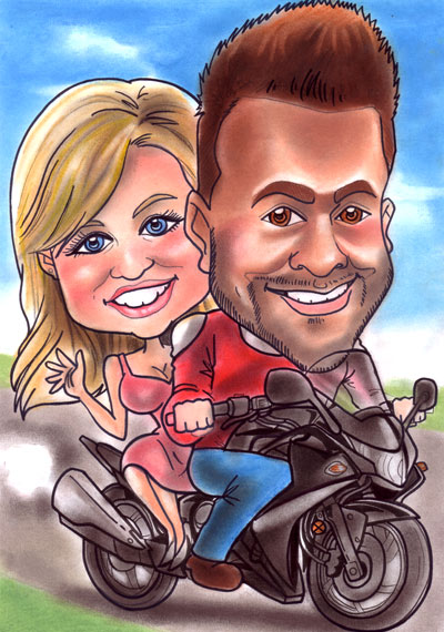 motorcycling couple caricature