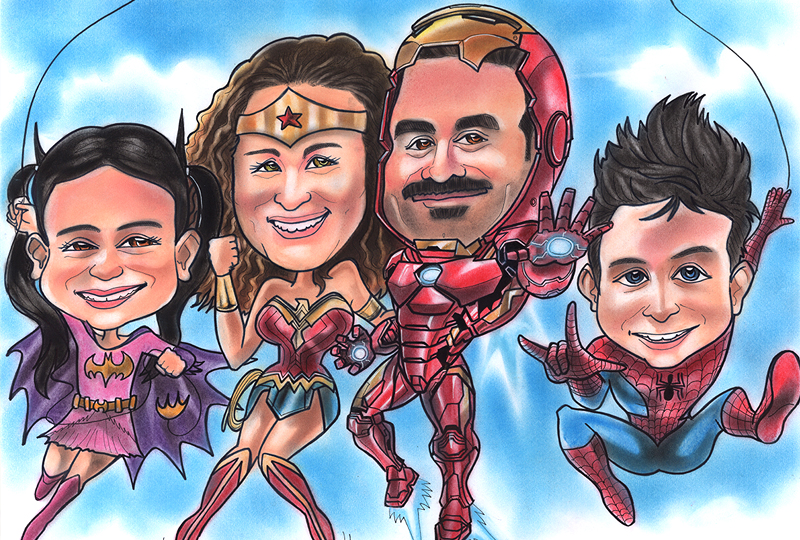 super hero family caricature
