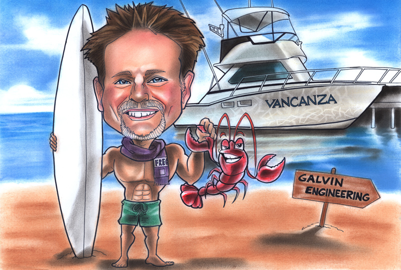 Surfer and his boat caricature